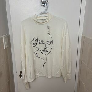 Embroidered Face flower Elegant Cream Graphic Women Long sleeve top NWT size L